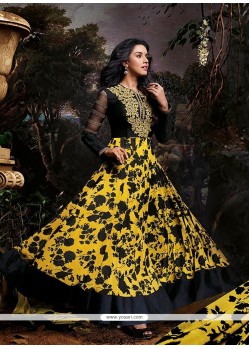 Yellow And Black Printed Georgette Anarkali Suits