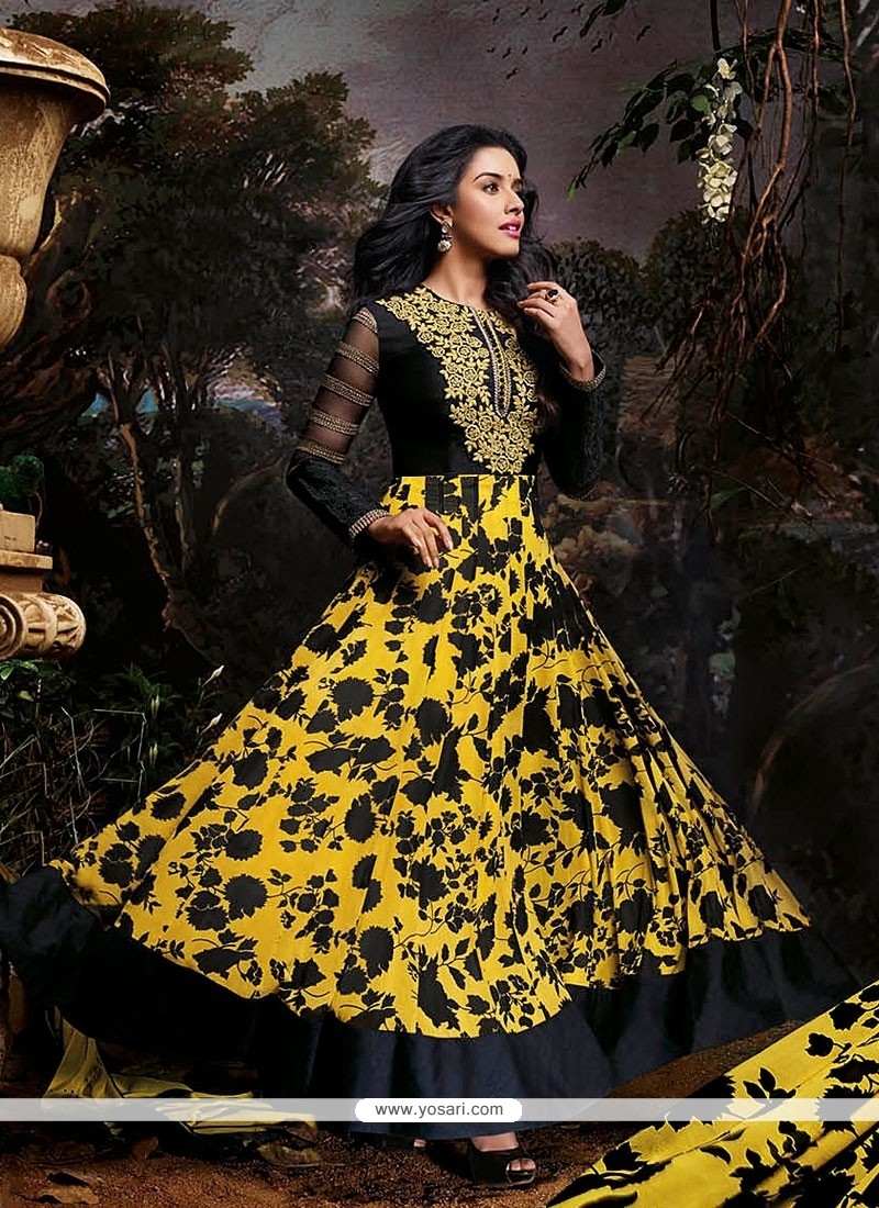 Yellow And Black Printed Georgette Anarkali Suits