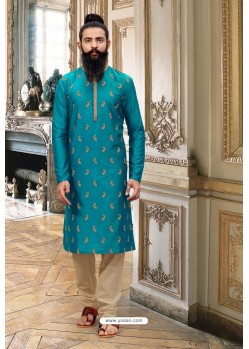 Teal Blue Slub Silk Kurta Pajama