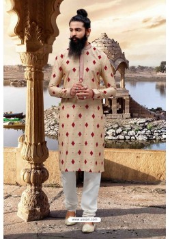 Beige And Red Poly Viscose Kurta Pajama