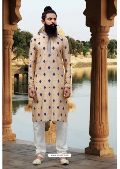 Beige And Blue Poly Viscose Kurta Pajama