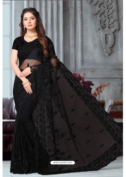 Black Net Heavy Embroidered Party Wear Saree