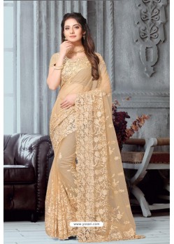 Light Beige Net Heavy Embroidered Party Wear Saree