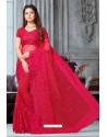 Rose Red Net Heavy Embroidered Party Wear Saree