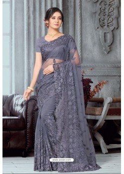 Grey Net Heavy Embroidered Party Wear Saree