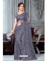 Grey Net Heavy Embroidered Party Wear Saree