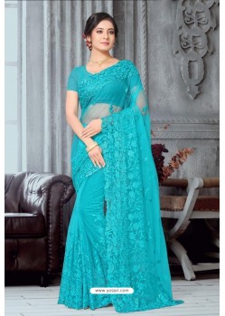Sky Blue Net Heavy Embroidered Party Wear Saree