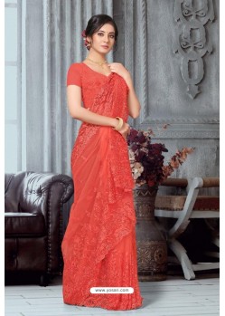 Light Red Net Heavy Embroidered Party Wear Saree