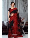 Black And Red Net Heavy Embroidered Party Wear Saree