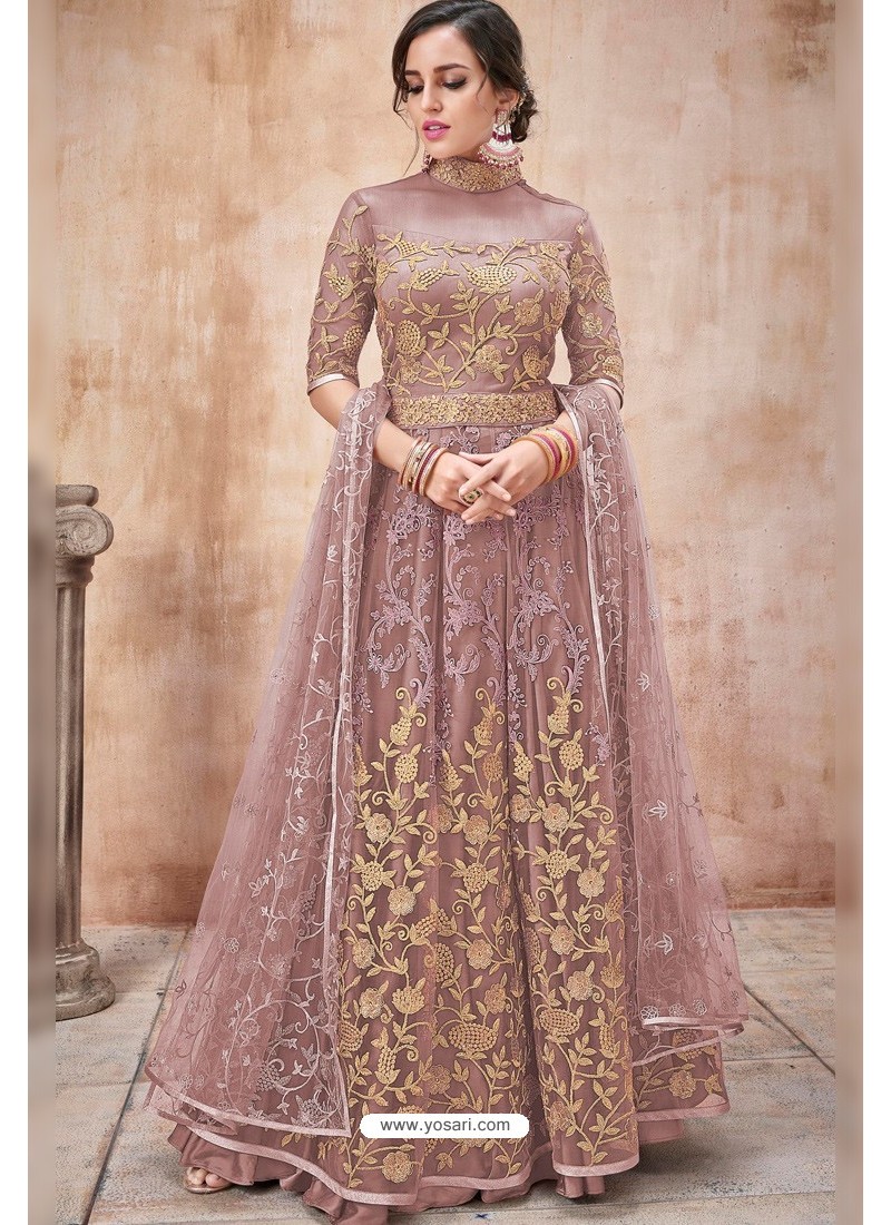 Buy Light Brown Net Heavy Zari Embroidery Anarkali Suit | Anarkali Suits