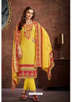 Yellow Cambric Cotton Printed Straight Suit