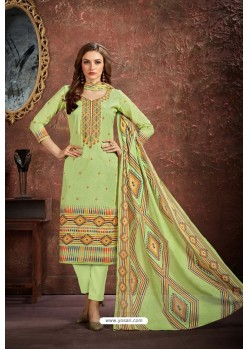 Green Cambric Cotton Printed Straight Suit