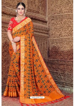 Orange Semi Dola Silk Designer Saree