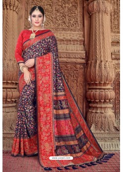 Navy Blue Semi Dola Silk Designer Saree