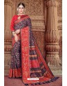 Navy Blue Semi Dola Silk Designer Saree