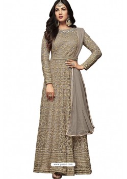 Taupe Nylon Net Floor Length Suit