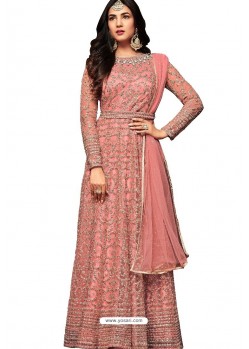 Peach Nylon Net Floor Length Suit