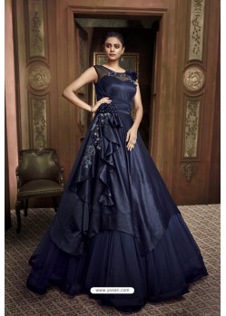 Navy Blue Net And Barfi Silk Party Wear Gown
