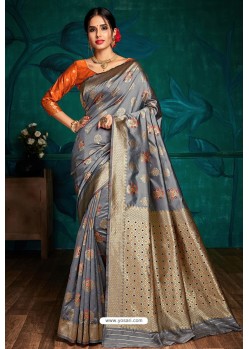 Grey Banarasi Silk Designer Saree