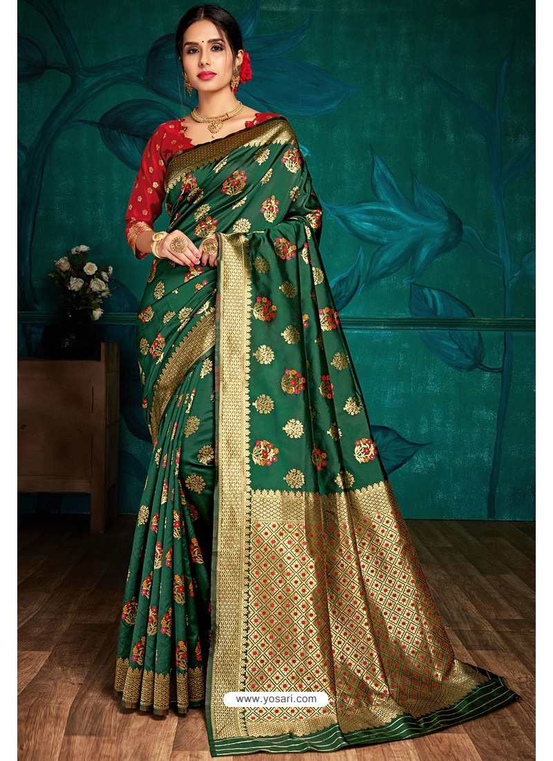 Dark Green Banarasi Silk Saree | Leemboodi
