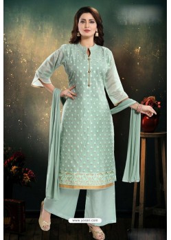 Grayish Green Chanderi With Heavy Work Palazzo Suit