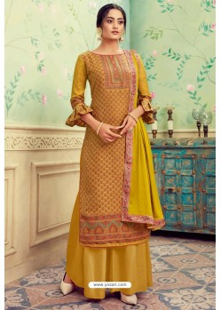 Mustard Pure Hand Weaving Jaquard Palazzo Suit