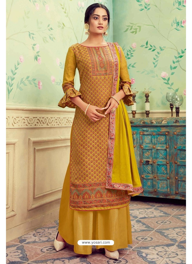 Buy Mustard Pure Hand Weaving Jaquard Palazzo Suit | Palazzo Salwar Suits