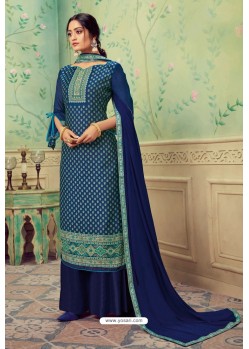 Navy Blue Pure Hand Weaving Jaquard Palazzo Suit