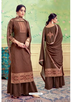 Brown Pure Hand Weaving Jaquard Palazzo Suit