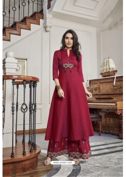 Maroon Two Tone Slub Cotton Palazzo Suit