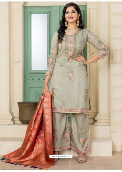 Olive Green Pashmina Embroidered Straight Suit