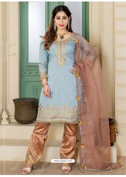 Aqua Grey And Brown Zobra Embroidered Straight Suit