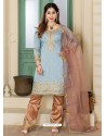 Aqua Grey And Brown Zobra Embroidered Straight Suit