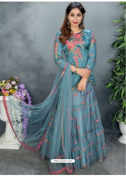 Teal Blue Chinon Embroidered Designer Suit