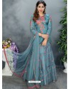 Teal Blue Chinon Embroidered Designer Suit