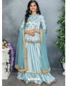 Sky Blue Malai Satin Embroidered Designer Suit