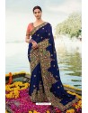 Navy Blue Barfi Silk Embroidered Designer Saree