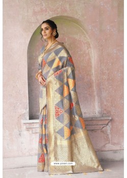 Grey Weaving Zari Silk Designer Saree