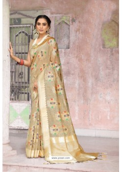 Beige Weaving Zari Silk Designer Saree