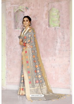 Wonderful Grey Weaving Zari Silk Designer Saree