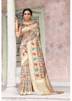 Light Brown Weaving Zari Silk Designer Saree