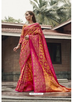 Mustard And Rani Pure Zari Weaving Silk Designer Saree