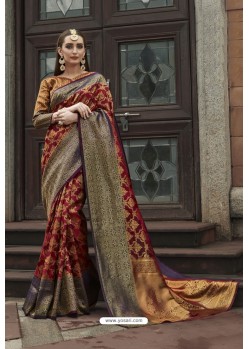 Maroon Pure Zari Weaving Silk Designer Saree