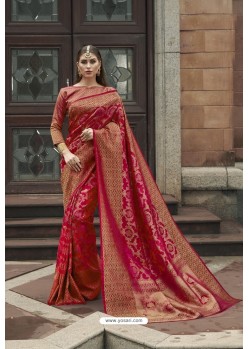 Rani And Red Pure Zari Weaving Silk Designer Saree