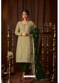 Olive And Green Faux Georgette Straight Suit