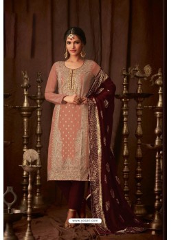 Peach And Maroon Faux Georgette Straight Suit
