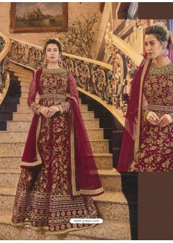 Maroon Soft Net Embroidered Anarkali Suit