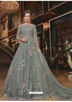 Grey Soft Net Partywear Anarkali Suit