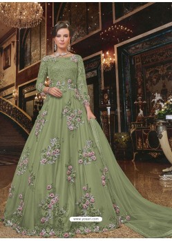 Green Soft Net Partywear Anarkali Suit