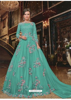 Aqua Blue Soft Net Partywear Anarkali Suit